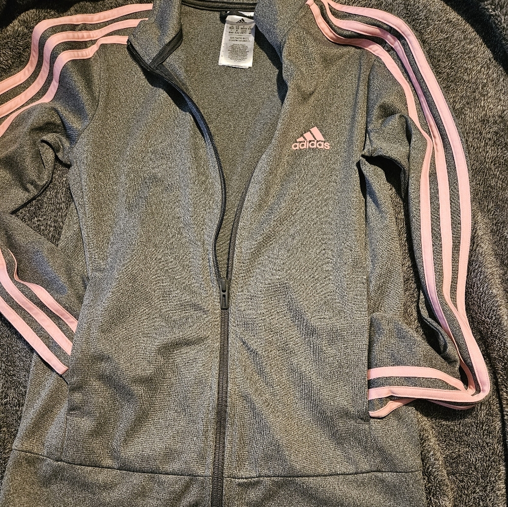 adidas Grey warm up jacket with pink 3 stripes. Size XS Women's, never worn